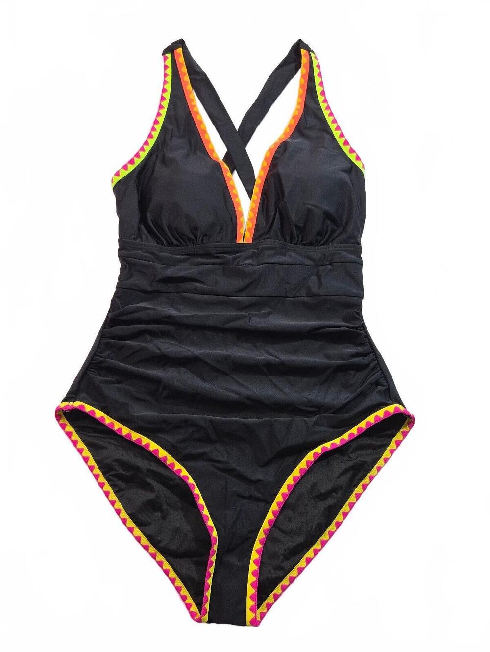 B2PRITY Women's Black One-Piece Swimsuit with Colorful Trim, Size M
